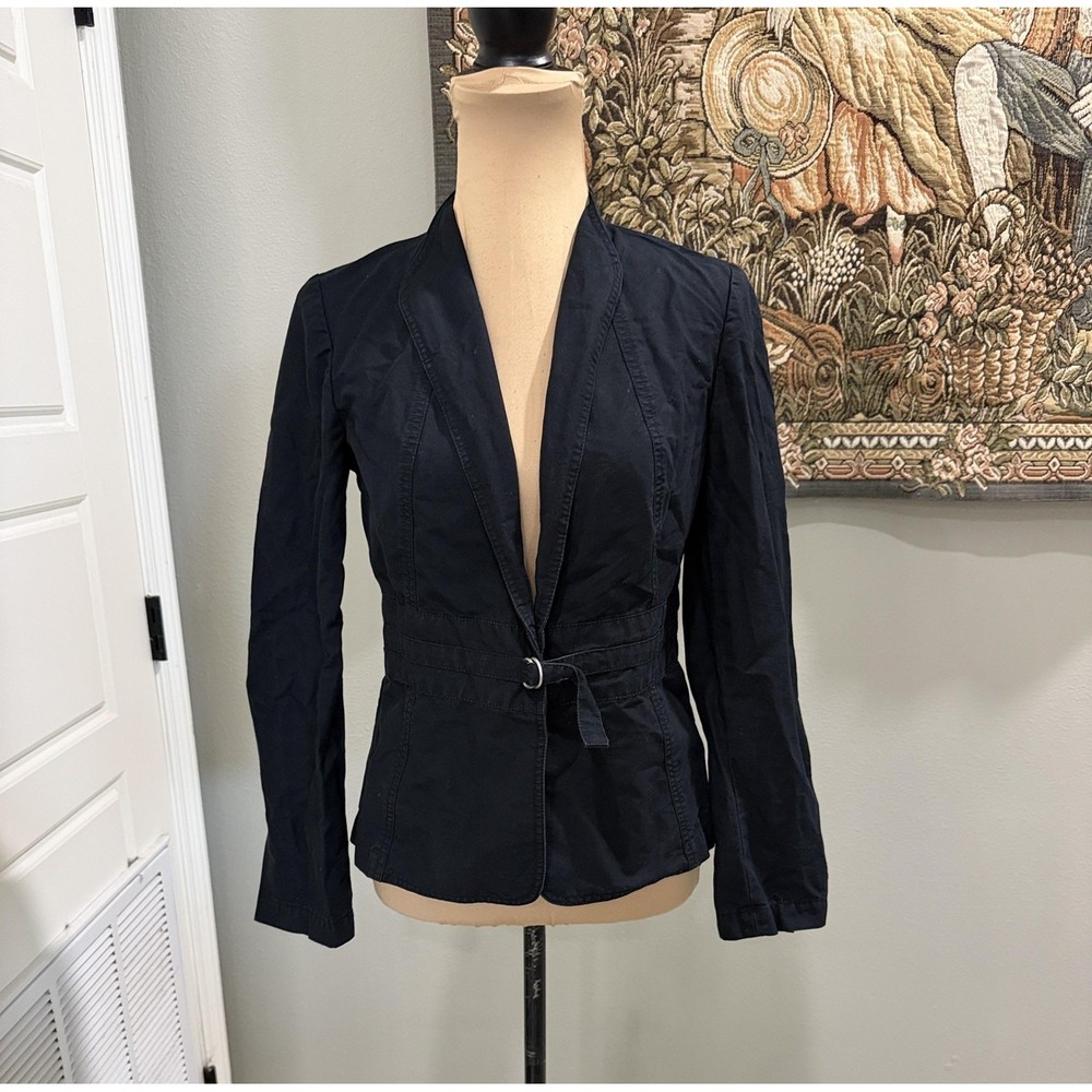 City DKNY Blazer‎ Womens 2 Black Cotton Belted Shawl Collar Jacket Tailored